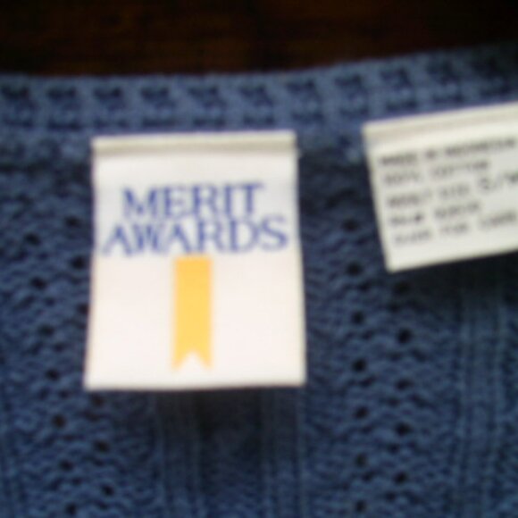 Vintage Merit Awards Blue V-Neck Cable Knit Cotton Sweater Size S/M - Picture 4 of 4